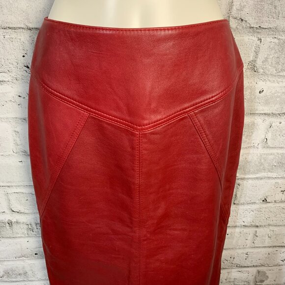 Vintage 90s Originaux Par Pablo Red Leather Pencil Midi Skirt - Picture 2 of 12